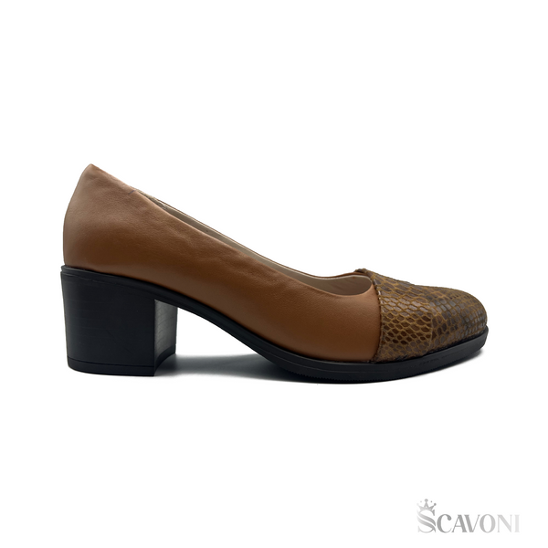 Escarpin demi talon en cuir camelle réf 20122